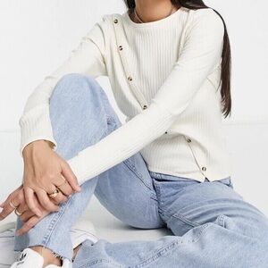 Topshop Asymmetric Button Detail Rib Long Sleeve Top Beige Sz Small 4-6